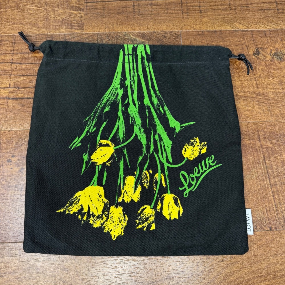 LOEWE Black Canvas Yellow Floral Tulip Drawstring Pouch Bag FLAWED - Picture 2 of 16